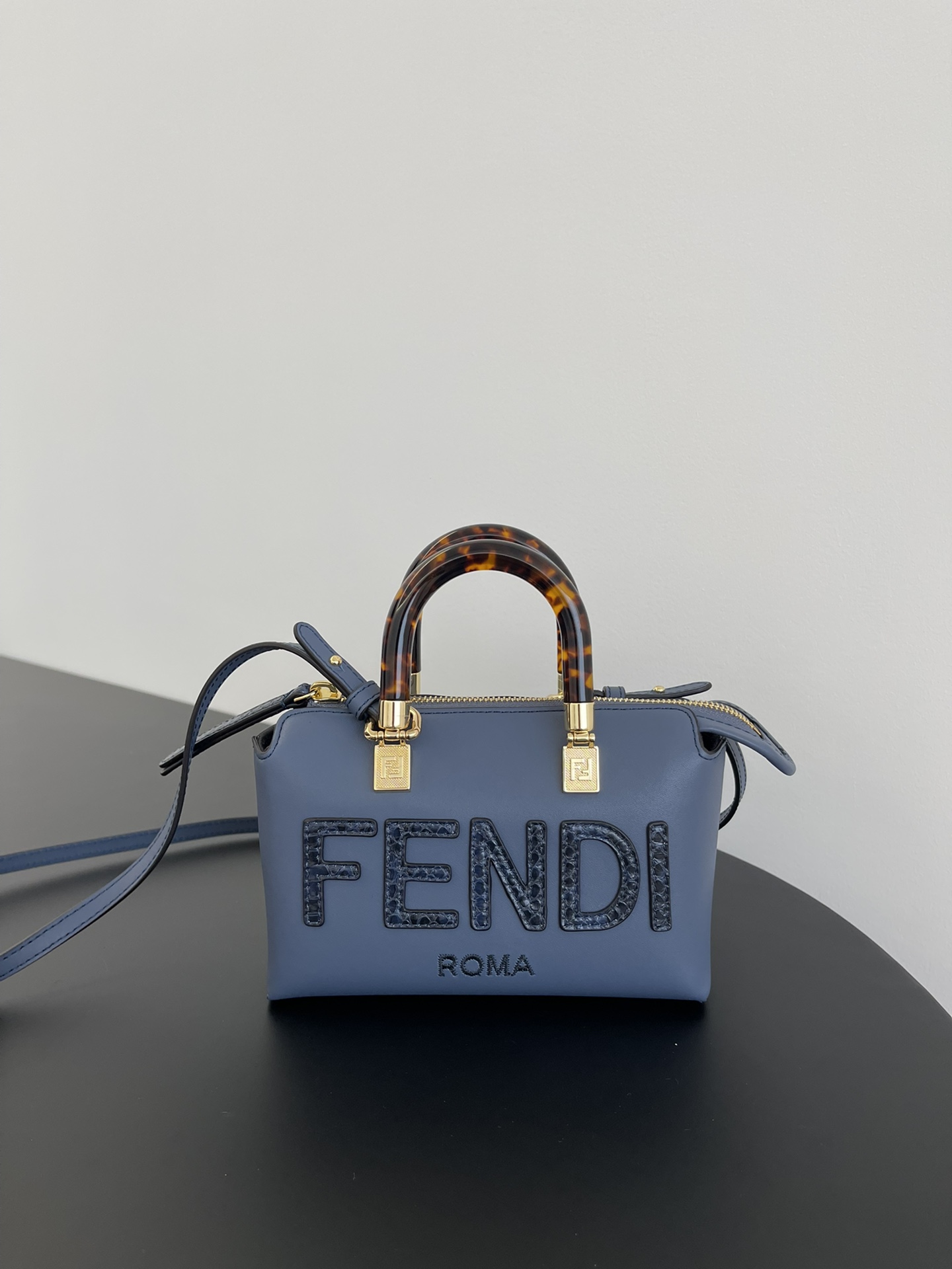 Fendi Mini By The Way Leather Boston Shoulder Bag Navy Blue